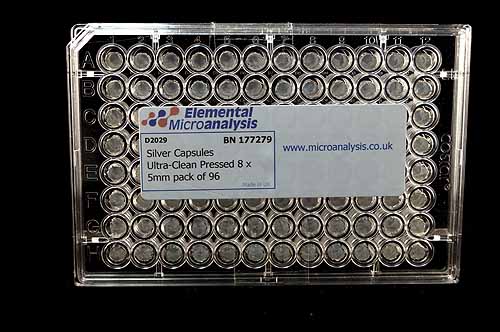 Silver Capsules Ultra-Clean Pressed 8 x 5mm, Multiwell plate of 96 capsules